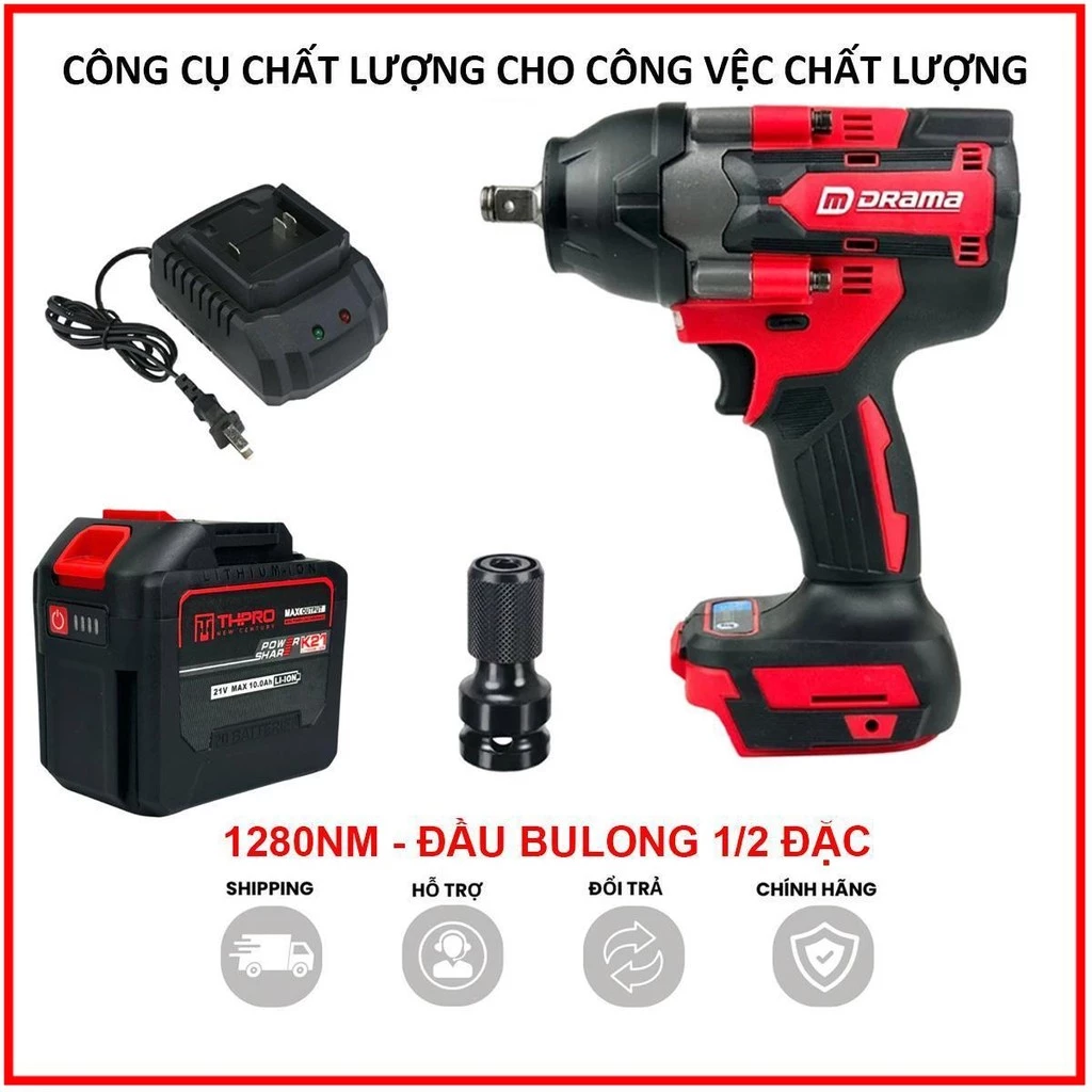 Tặng bộ khẩu Máy Bulong Pin DRAMA D-5598 Lực Siết Khỏe Động Cơ Không Chổi Than