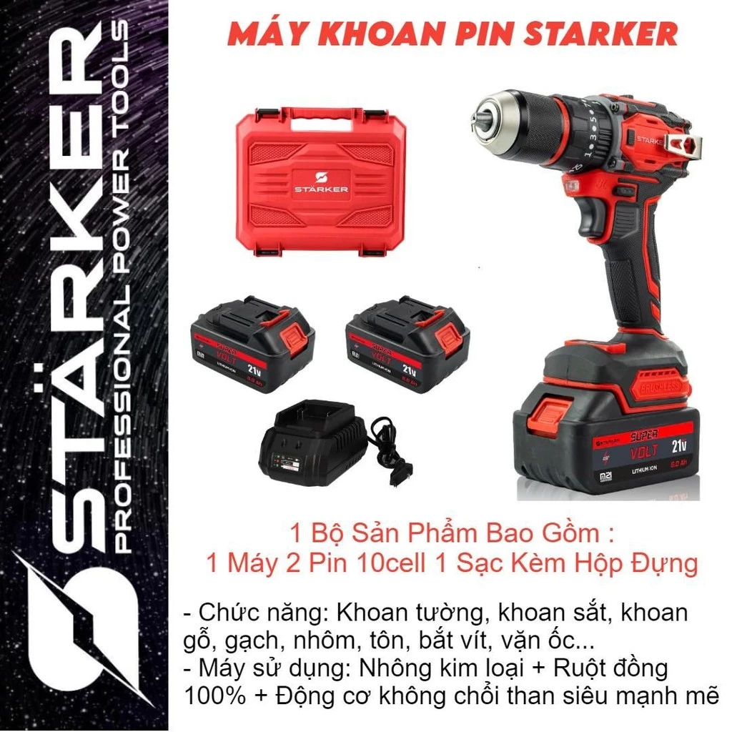 Máy Khoan pin 13mm chân pin phổ thông Có miếng INOX , MÓC CÀI không chổi than đầu kẹp autulock - máy 2pin 10cell+sạc
