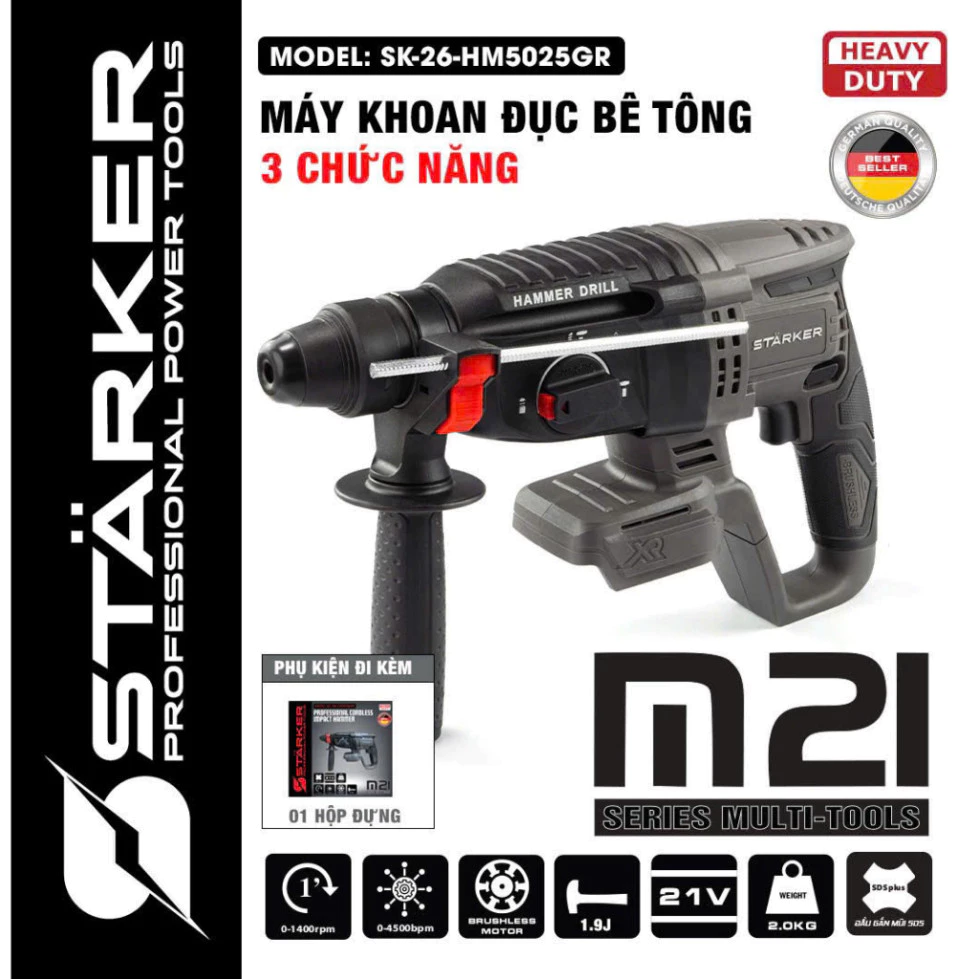 Thân Máy Khoan Bê Tông Dùng Pin STARKER SK-26-HM5025GR - Pin Phổ Thông Makita - Hàng Cao Cấp - Bảo Hành Chính Hãng