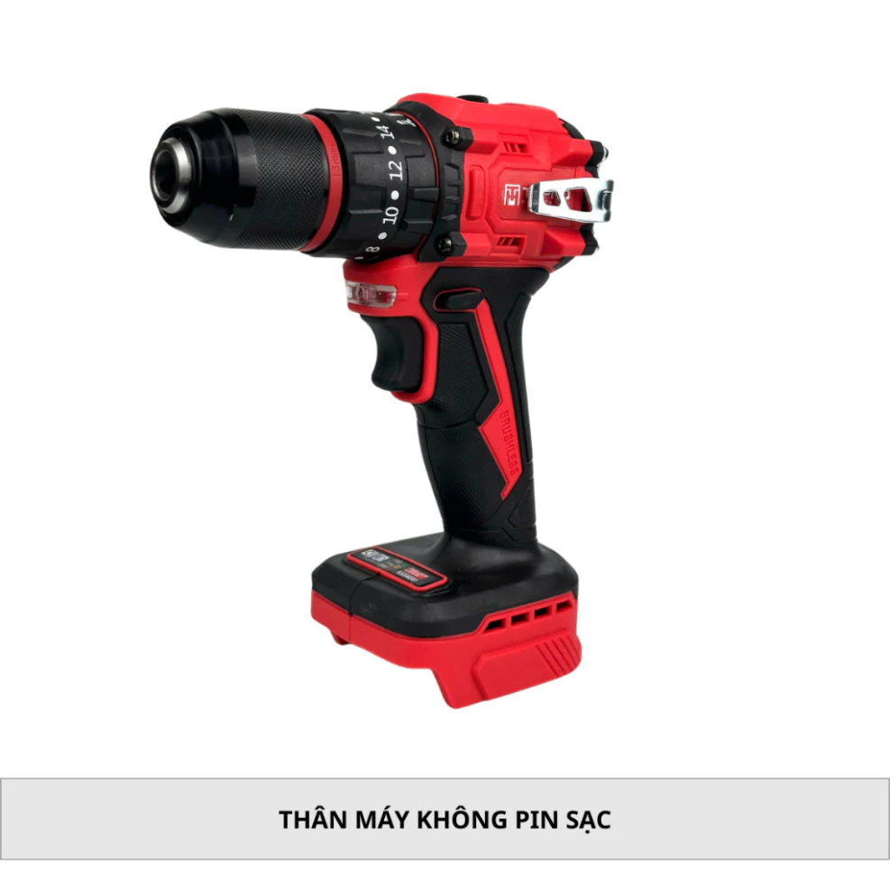 Thân Máy Khoan Pin Đỏ Đầu Kẹp 10ly THPRO Không Chổi Thân Chân Pin Phổ Thông Có móc cài,lớp INOX Bọc sau máy tiện dụng