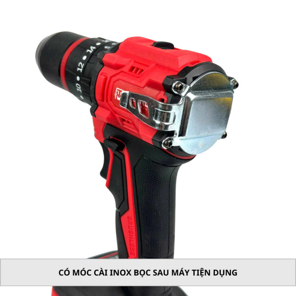 Thân Máy Khoan Pin Đỏ Đầu Kẹp 10ly THPRO Không Chổi Thân Chân Pin Phổ Thông Có móc cài,lớp INOX Bọc sau máy tiện dụng