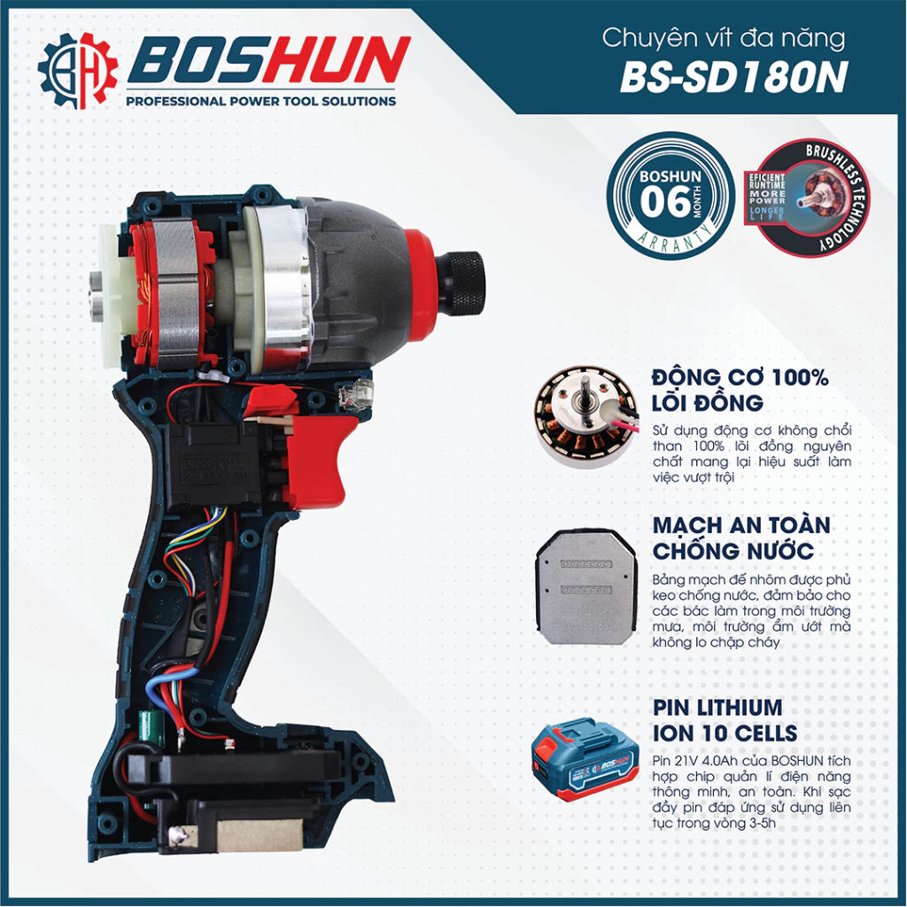 Thân Máy chuyên vít pin BOSHUN BS-SD180N, Không chổi than 180Nm, 3 Tốc độ 3200rpm