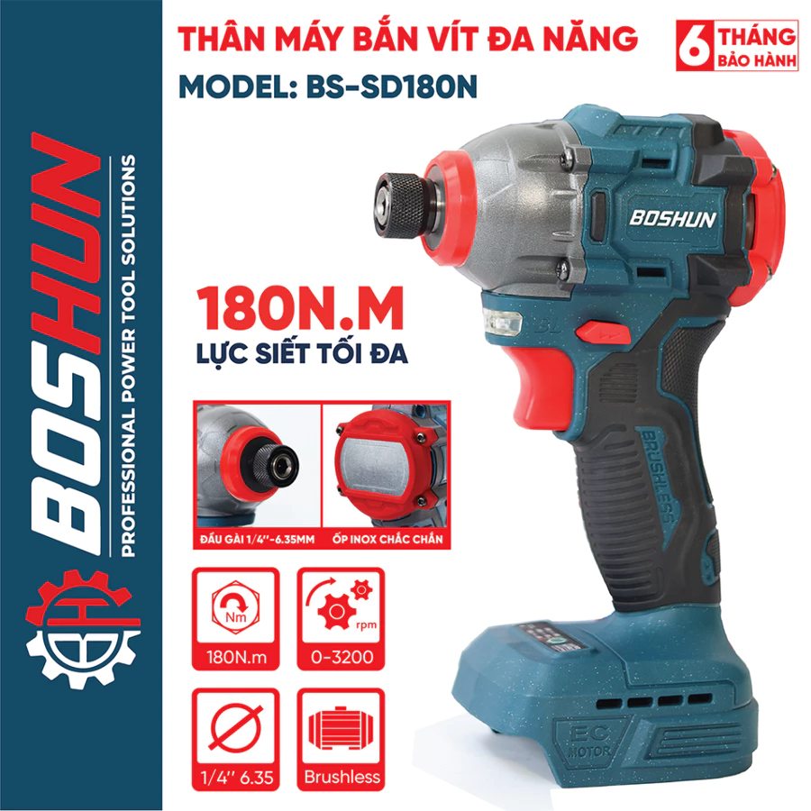 Thân Máy chuyên vít pin BOSHUN BS-SD180N, Không chổi than 180Nm, 3 Tốc độ 3200rpm