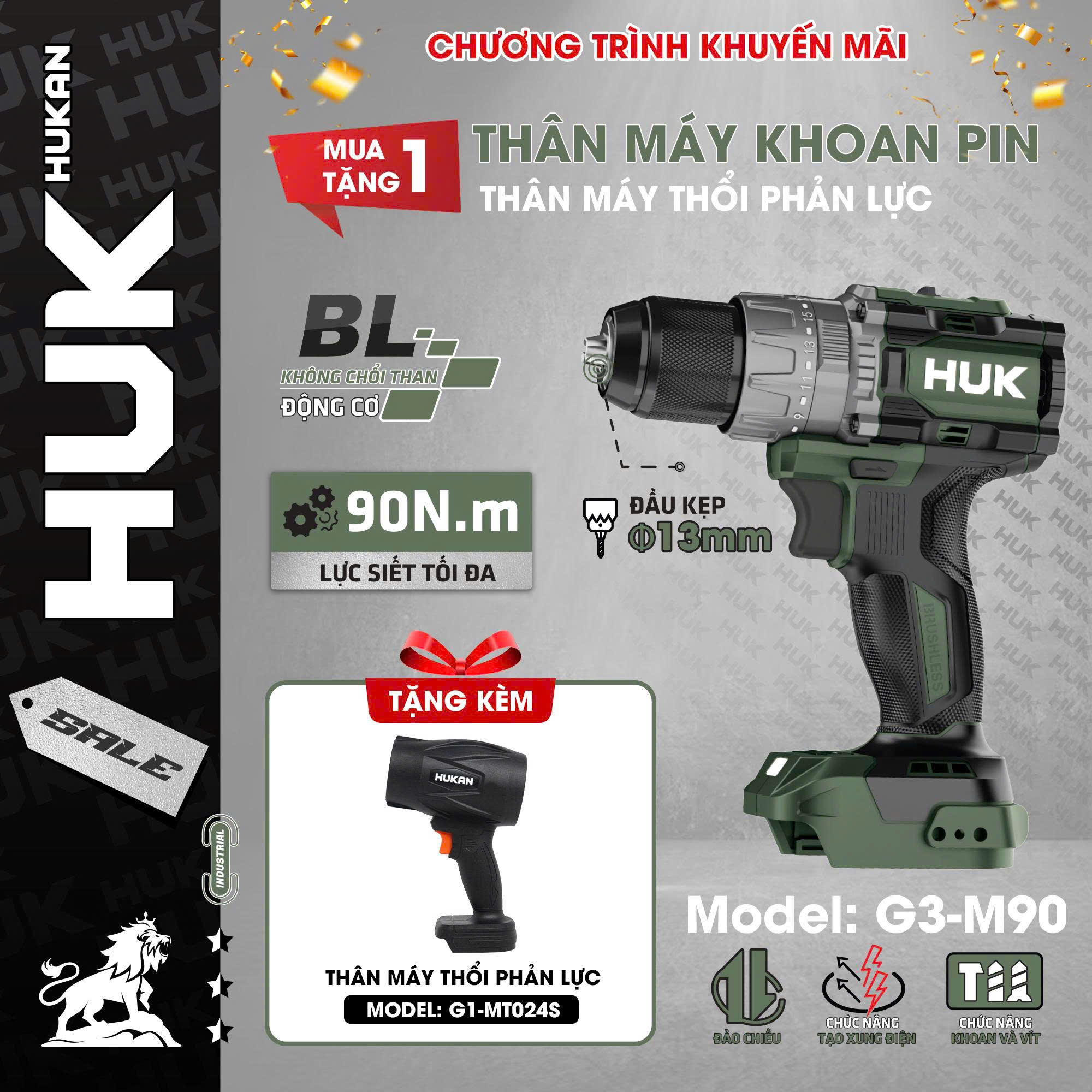 Thân máy khoan không dây HUKAN G3-M90, Lực siết 90Nm, 3 Chức năng Đầu kẹp 13mm, Tốc độ 2000v/p