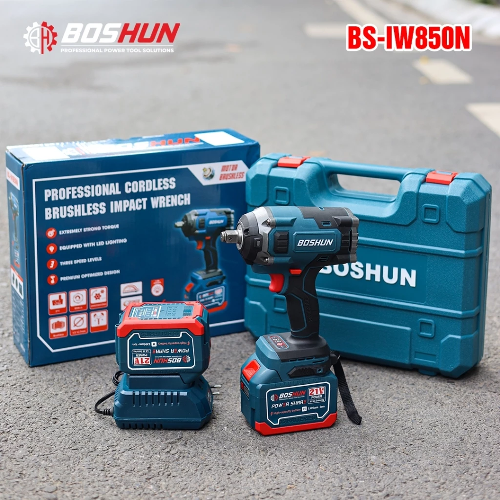 áy Siết Bulong pin BOSHUN BS-IW850N, Không Chổi Than, Lực Siết 850nm , 3 Cấp Tốc Độ , Đầu 1/2