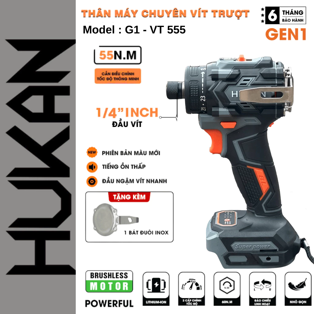 thân Máy Chuyên Vít Trượt Pin HUKAN HM21-G1-VT555, Lực Siết 55Nm, 21 Cấp trượt