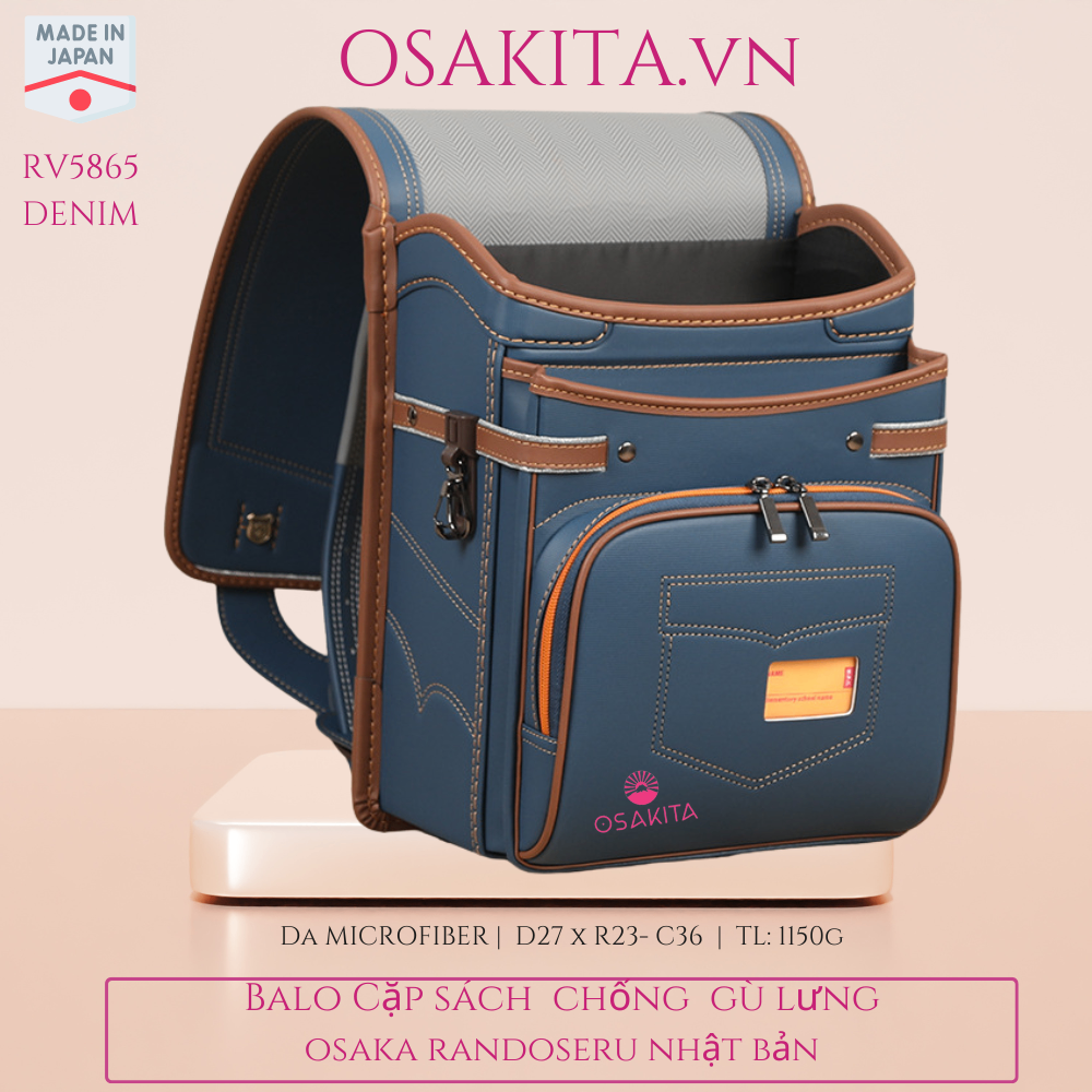 Balo Cặp sách Chống Gù Osaka Randoseru Nhật RV5865 - Jean viền nâu