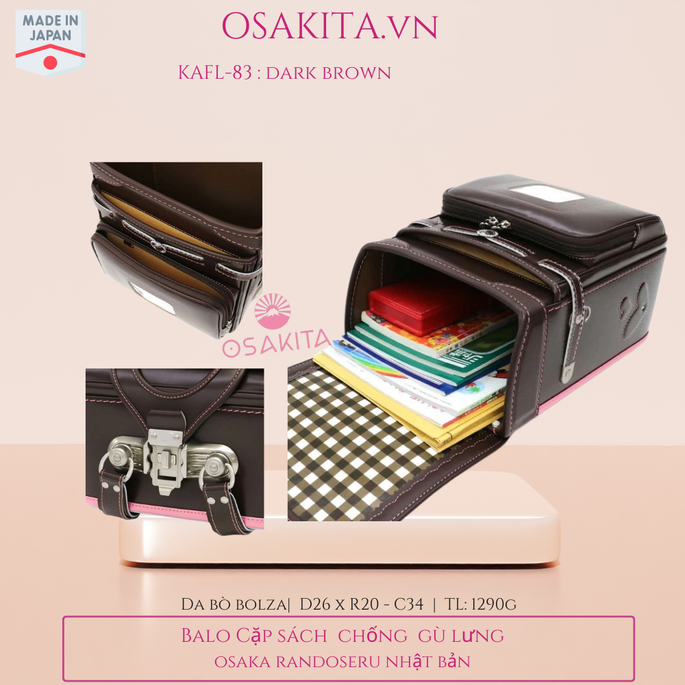 Balo Cặp sách Chống Gù OSAKITA Randoseru Nhật KAFL83 - Dark Brown