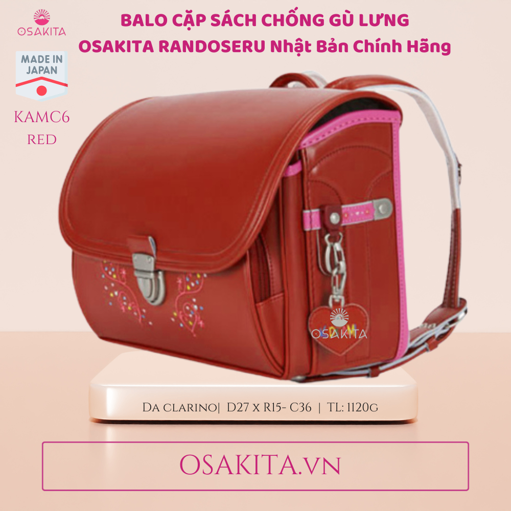 Balo Cặp sách Chống Gù OSAKITA Randoseru Nhật KAMY8 - Đỏ