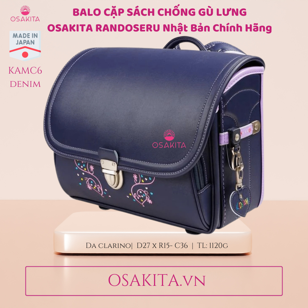 Balo Cặp sách Chống Gù OSAKITA Randoseru Nhật KAMY8 - Navy Thêu Hoa