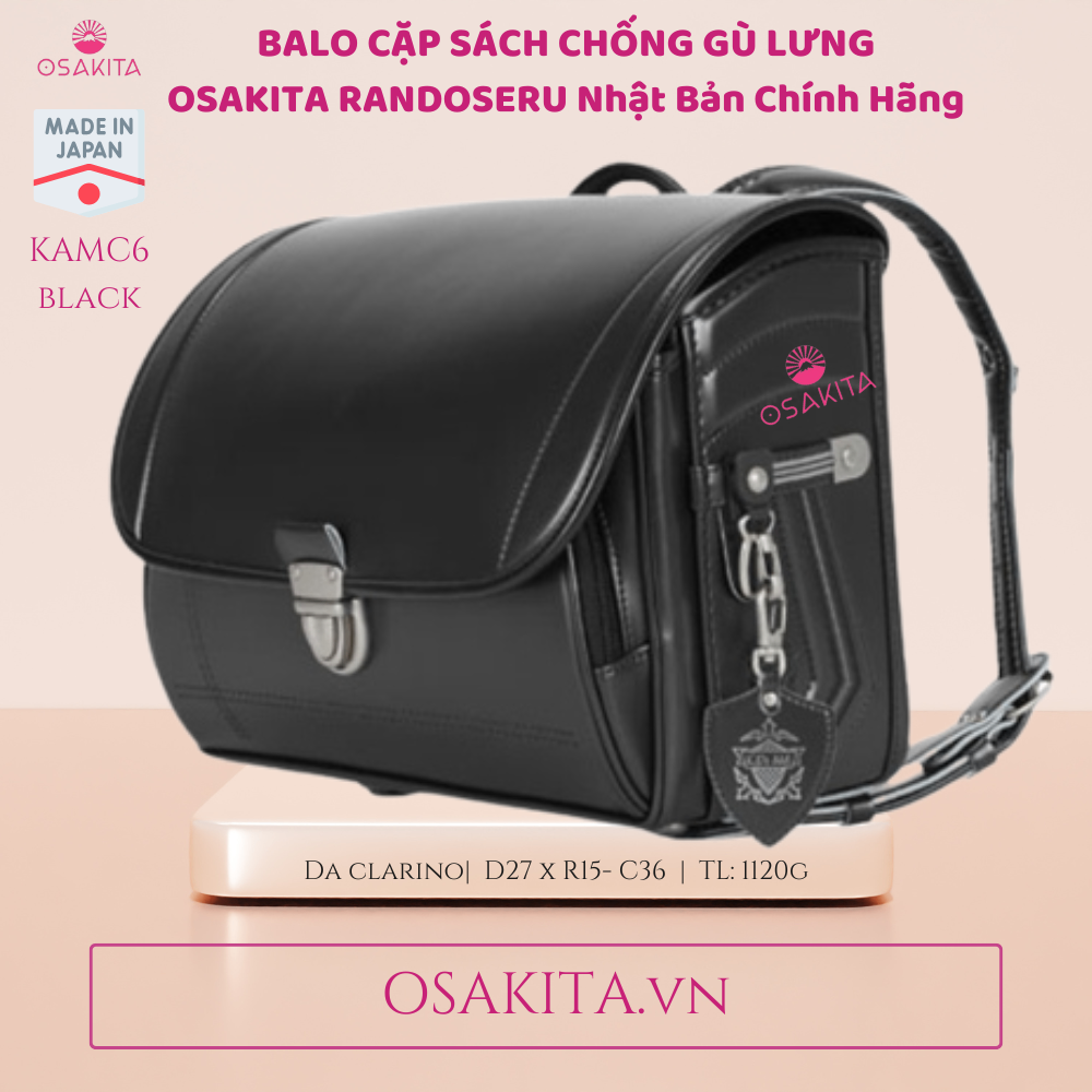 Balo Cặp sách Chống Gù OSAKITA Randoseru Nhật KAMY8 - Đen Black
