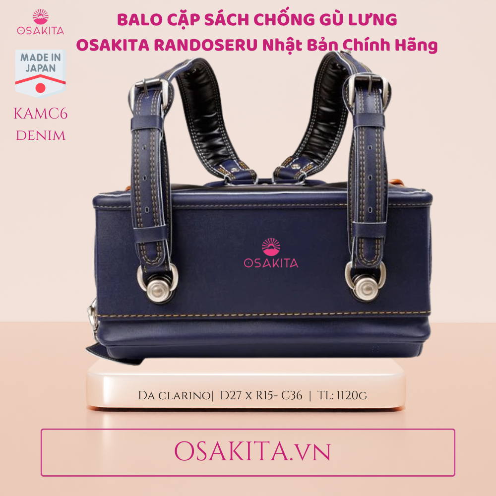 Balo Cặp sách Chống Gù OSAKITA Randoseru Nhật KAMY8 - Navy Thêu Hoa