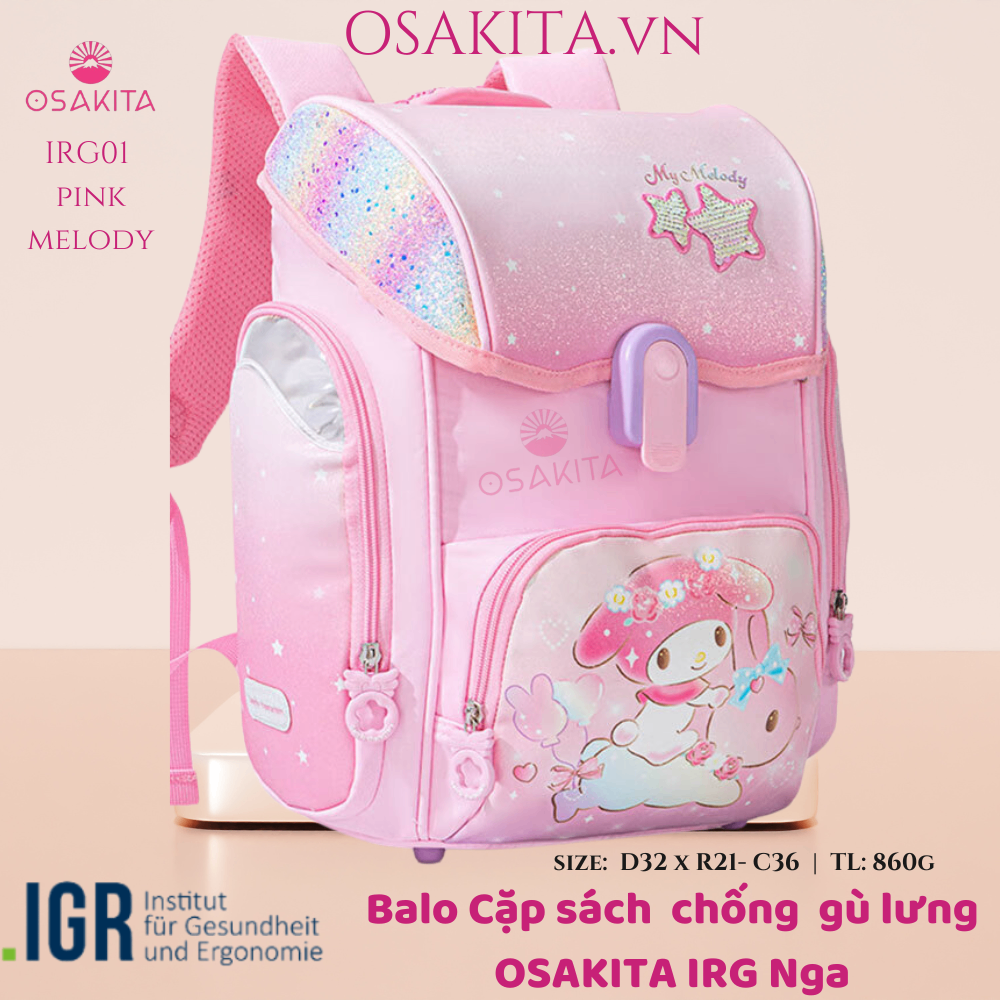 Balo Cặp sách chống gù OSAKITA IRG Nga 860g - Hồng cún dài