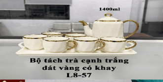 Bộ tách trà cạnh L8-57 trắng dát vàng có khay