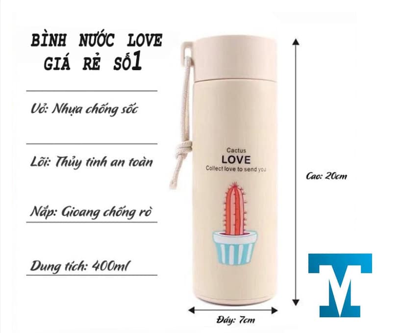 Bình nước thủy tinh bọc nhựa chữ love 400ml – họa tiết màu ngẫu nhiên Tmark (Kiện 80 cái) (đi từ 10k)