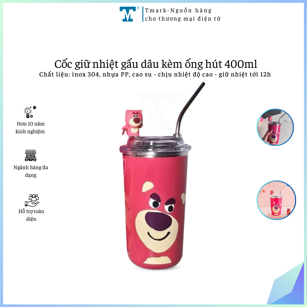 Cốc giữ nhiệt inox hình gấu dâu, dung tích 400ml, có ống hút tiện lợi Tmark (Kiện 50 cái)