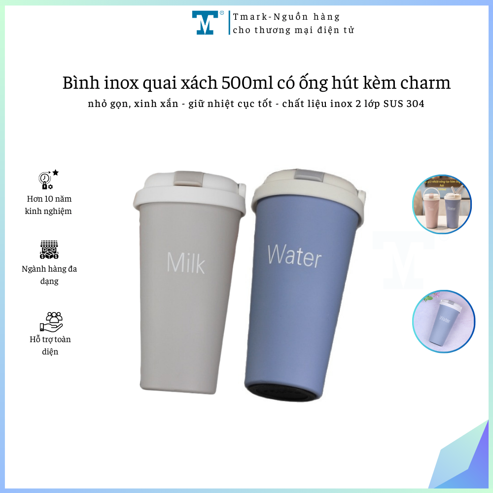 Bình inox quai xách 500ml có ống hút kèm charm (Kiện 50 cái)