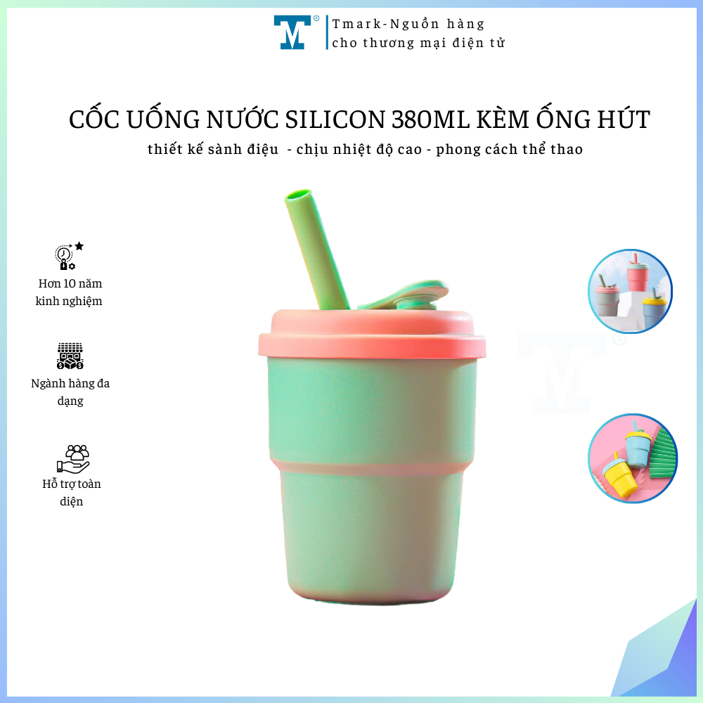 Cốc uống nước silicon đa năng, có nắp đậy và ống hút tiện dụng Tmark (60 cái/kiện)