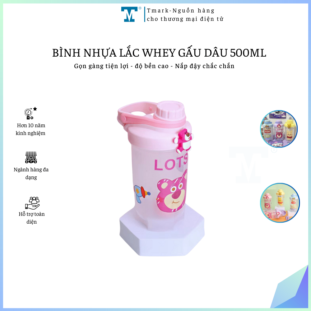 Bình nhựa lắc Whey gấu dâu đáng yêu, dung tích 500ml Tmark (Kiện 84 cái)