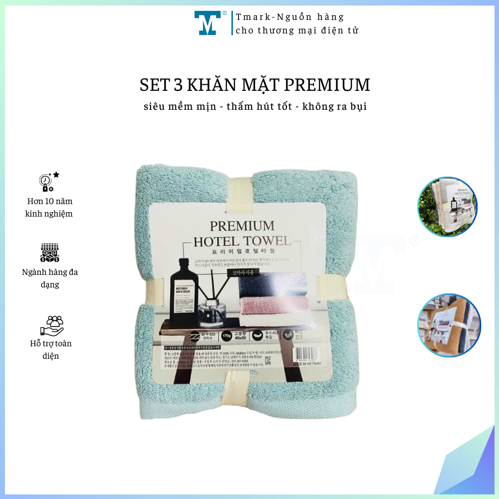 Bộ 3 khăn mặt premium, siêu bền, không xù lông