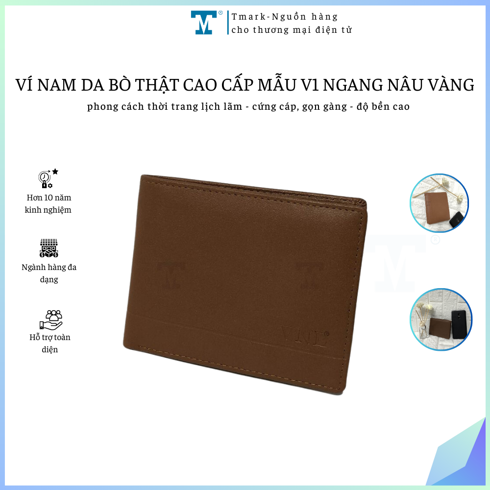 Ví Nam da bò thật cao cấp Tmark mẫu V1 Ngang Nâu Vàng dập vân bền đẹp thời trang lịch lãm