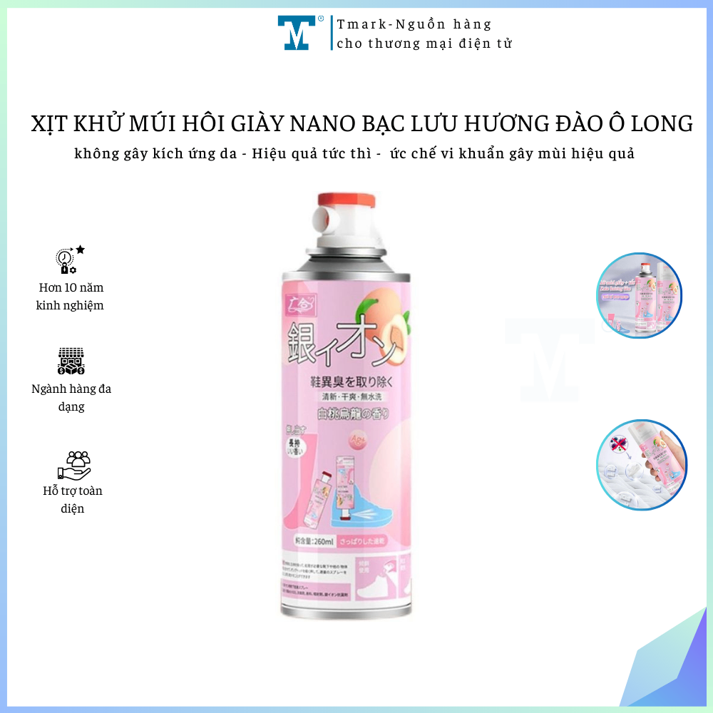 Xịt khử mùi hôi giày nano bạc lưu hương đào ô long Tmark (Kiện 48 chai)