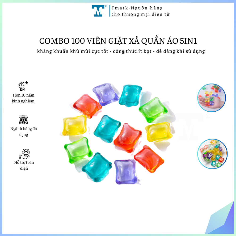 Combo 100 viên giặt xả quần áo 5in1 Tmark (Kiện 15 gói)