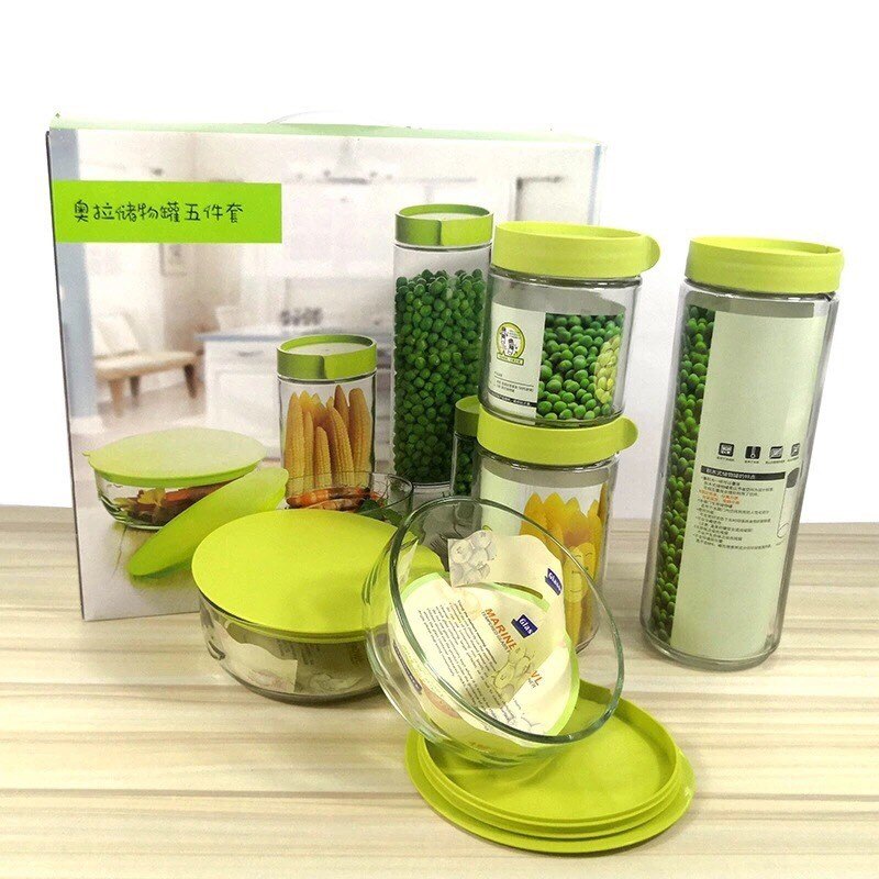 Set 5 hộp thuỷ tinh đựng đồ nắp xanh (Kiện 12 bộ )