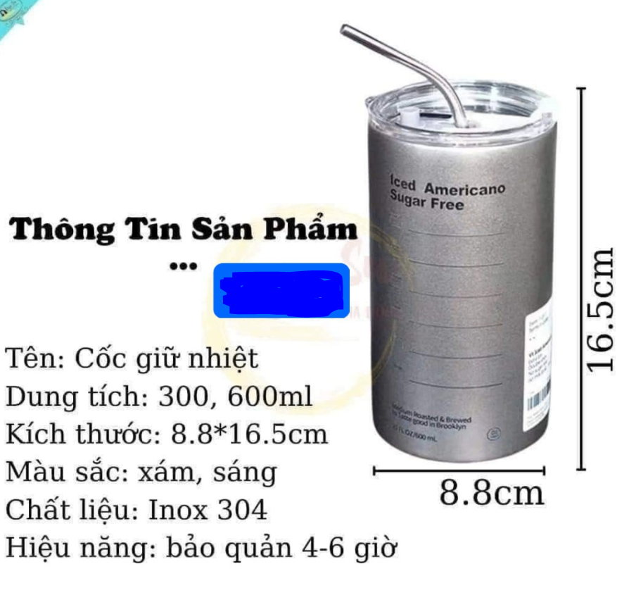 Cốc giữ nhiệt inox kèm ống hút 600ml- Loại in Tmark (Kiện 50 cái)