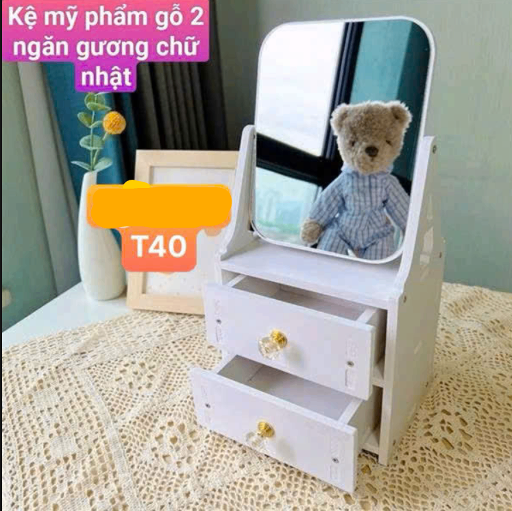 Kệ mỹ phẩm gỗ 2 ngăn gương chữ nhật (Kiện 40 cái)