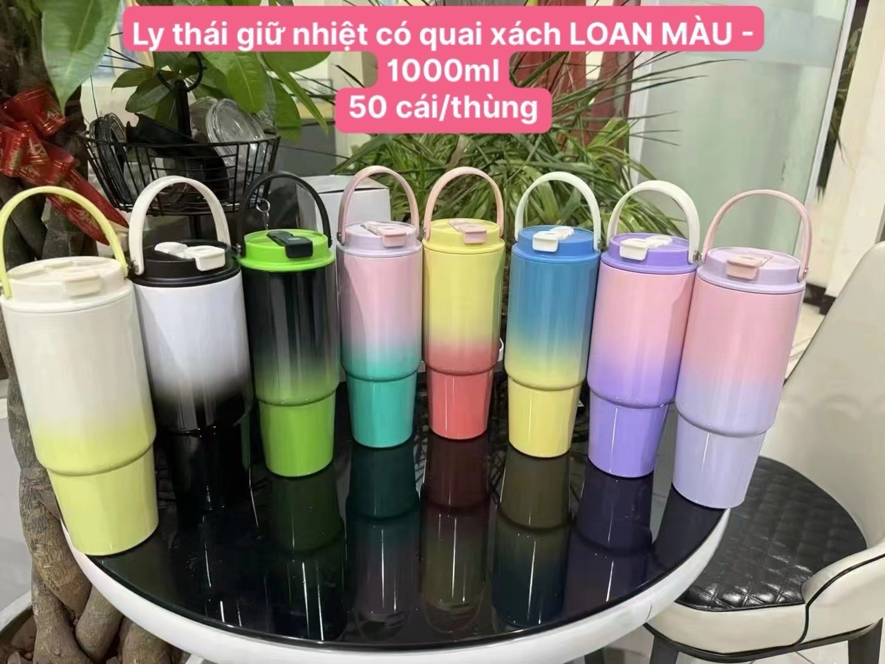 Ly thái giữ nhiệt có quai xách Loan màu- 1000ml (Kiện 36 cái)