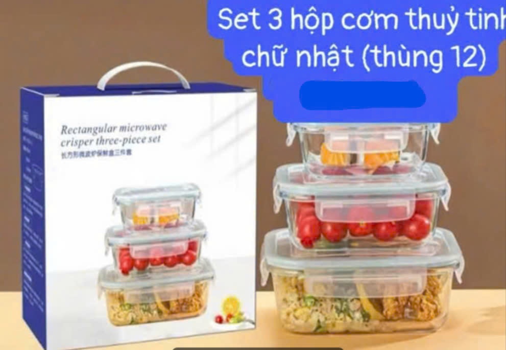 Set 3 hộp cơm thủy tinh chữ nhật (Kiện 12 bộ)(Hàng nguyên kiện)