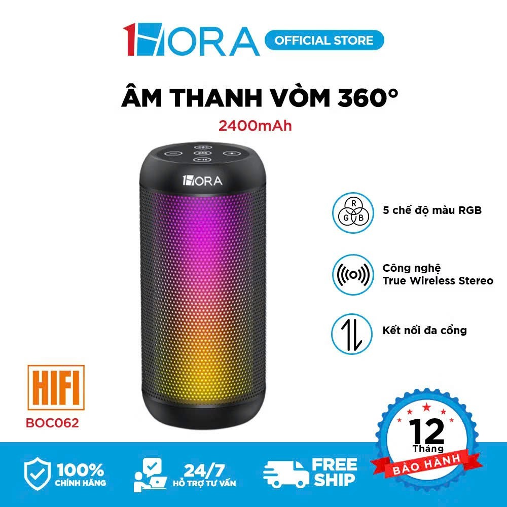 Loa bluetooth Âm thanh vòm 360°-5 chế độ màu RGB BOC242 đen 1HORA