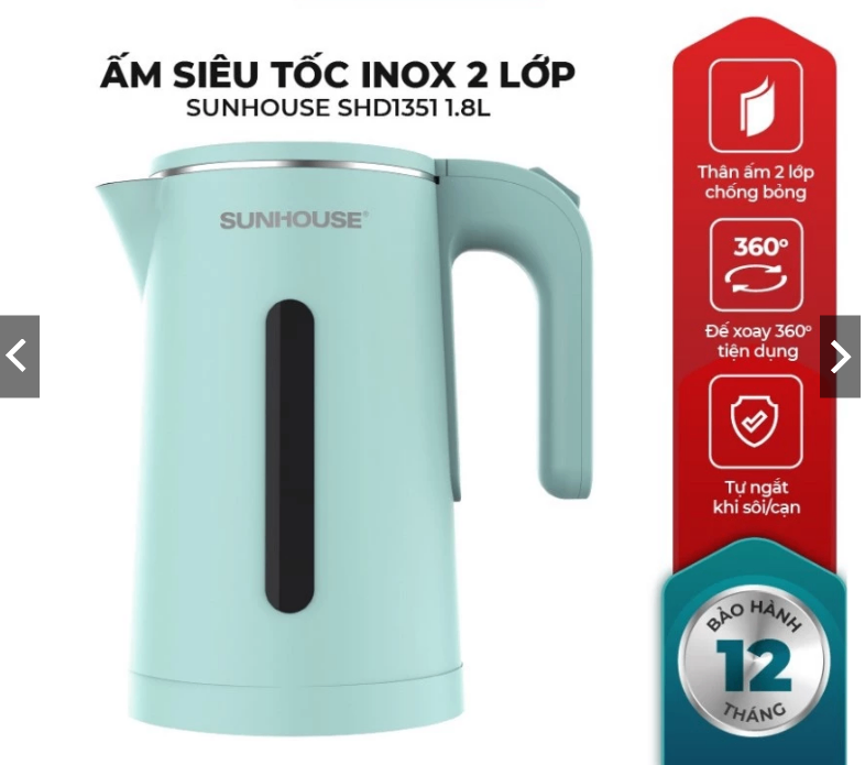 Ấm siêu tốc Inox 2 lớp 1.8L Sunhouse SHD 1351 (Kiện 12 cái)