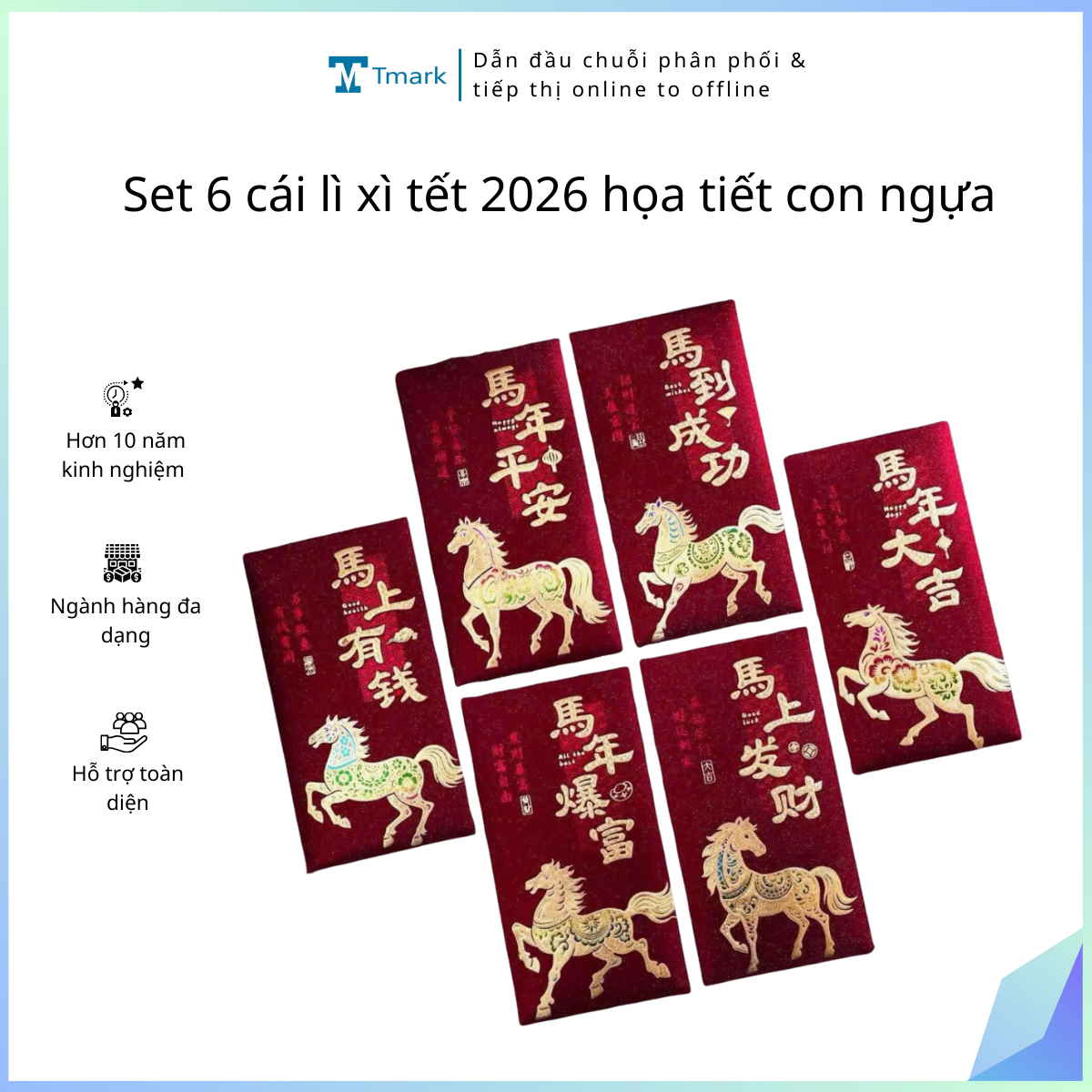 Set 6 cái lì xì tết 2026 họa tiết con ngựa (kiện 600 set)