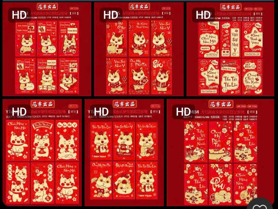 Set 6 bao lì xì đỏ in kim mix 5 mẫu (Kiện 280 set)