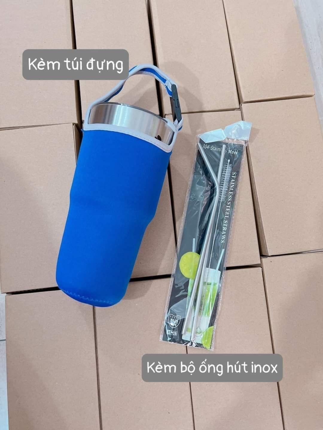 Bình giữ nhiệt kèm túi và ống hút inox (kiện 60 cái) 2