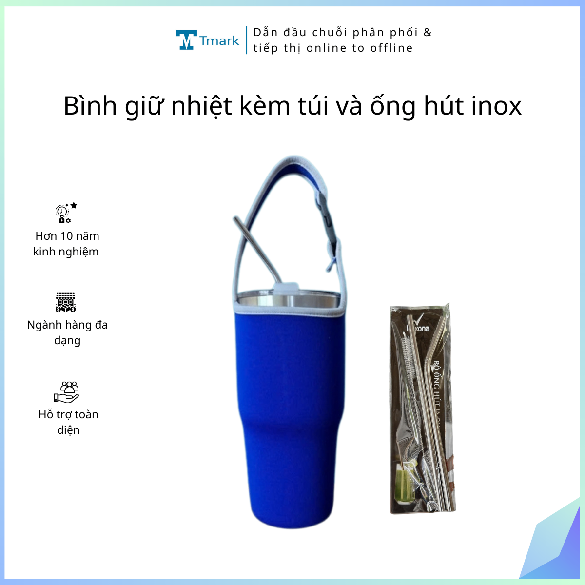 Bình giữ nhiệt kèm túi và ống hút inox (kiện 60 cái)