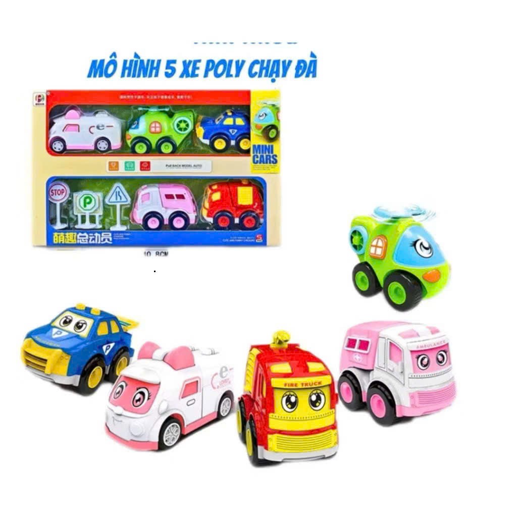 Đồ chơi - Hộp mô hình 5 xe poly chạy đà có biển báo giao thông (Kiện 30 cái)