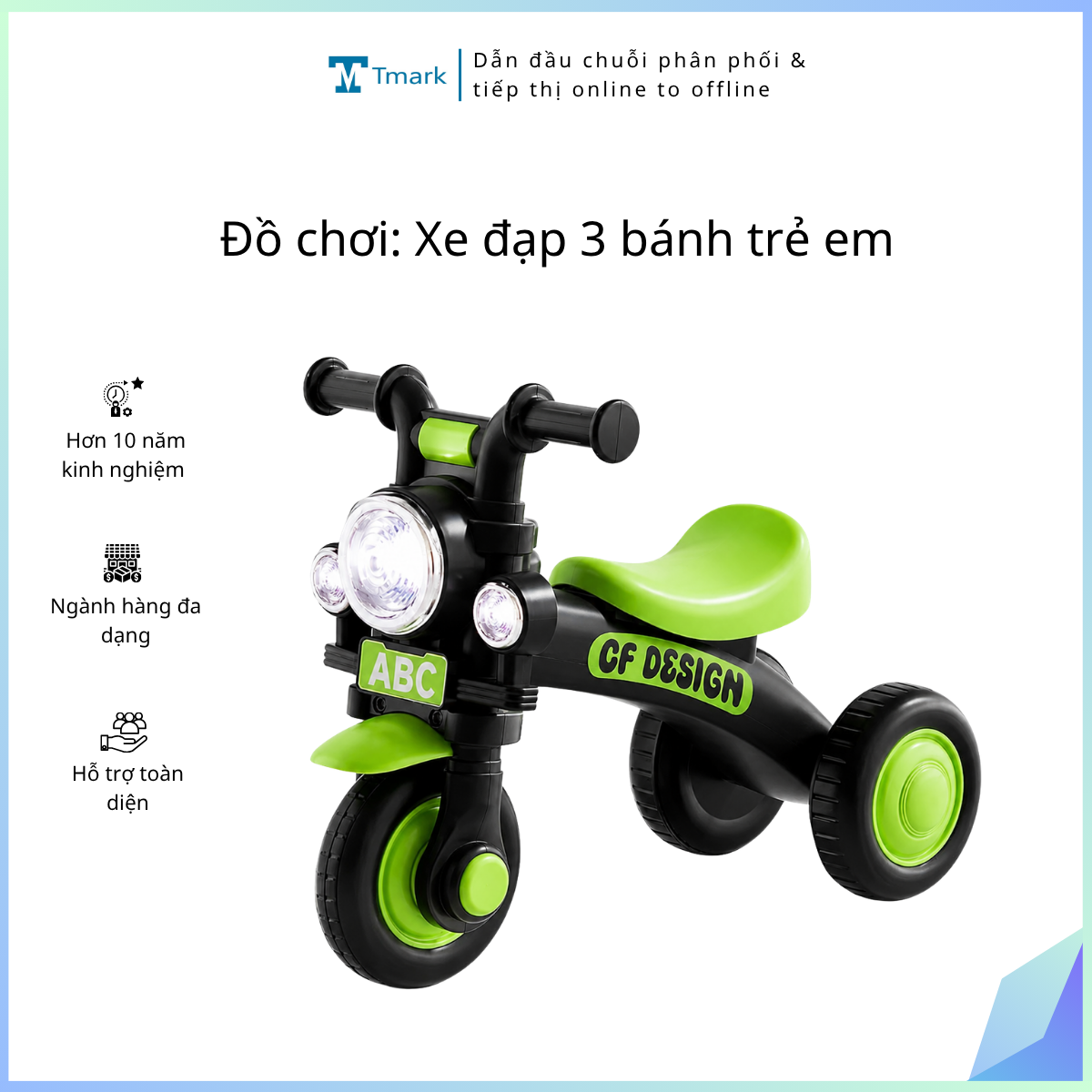 Đồ chơi: Xe đạp 3 bánh trẻ em, chất liệu: nhựa +sắt, có 03 bánh+1 chỗ ngồi, chiều cao từ mặt đất đến mặt yên là 40cm. KT(56*36*50)cm+/-10%, mới 100%