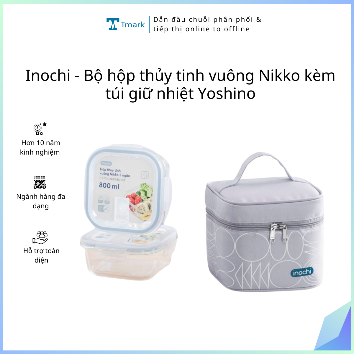 Inochi - Bộ hộp thủy tinh vuông Nikko kèm túi giữ nhiệt Yoshino (Kiện 12 bộ)