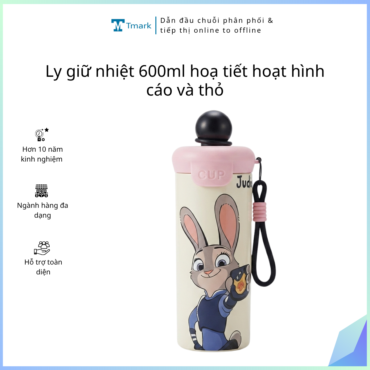 Ly giữ nhiệt 600ml hoạ tiết hoạt hình cáo và thỏ ( kiện 50 cái)