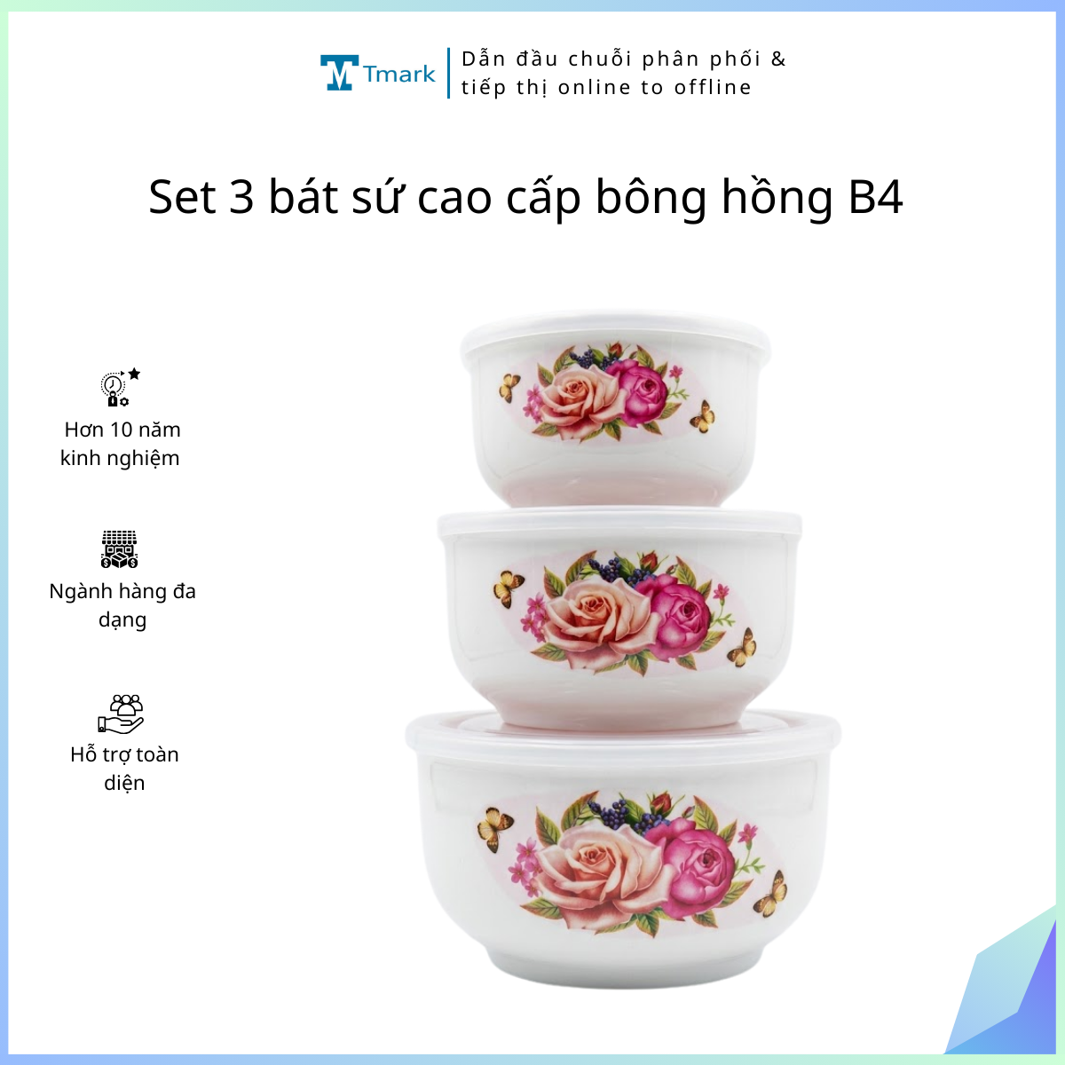 Set 3 bát sứ cao cấp bông hồng B4 (Kiện 24 bộ)(Hàng nguyên kiện)