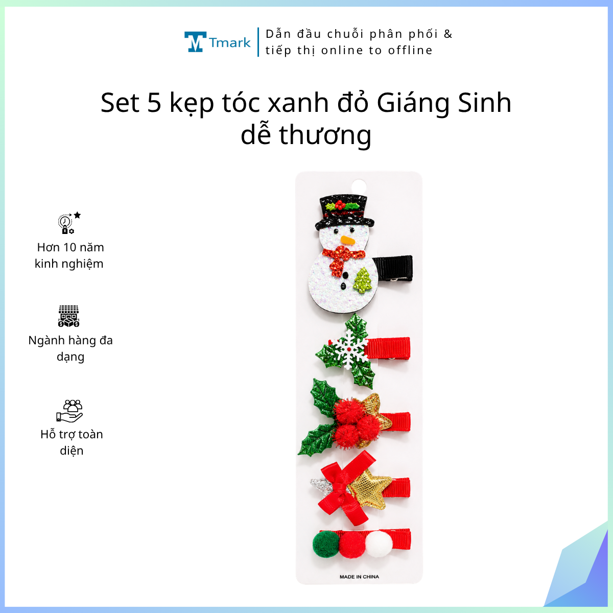 Set 5 kẹp tóc xanh đỏ Giáng Sinh dễ thương (kiện 300 set)