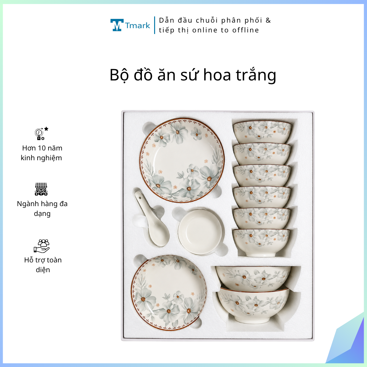 Set bàn ăn 17 món sứ hoa trắng (kiện 8 bộ)(Hàng nguyên kiện)