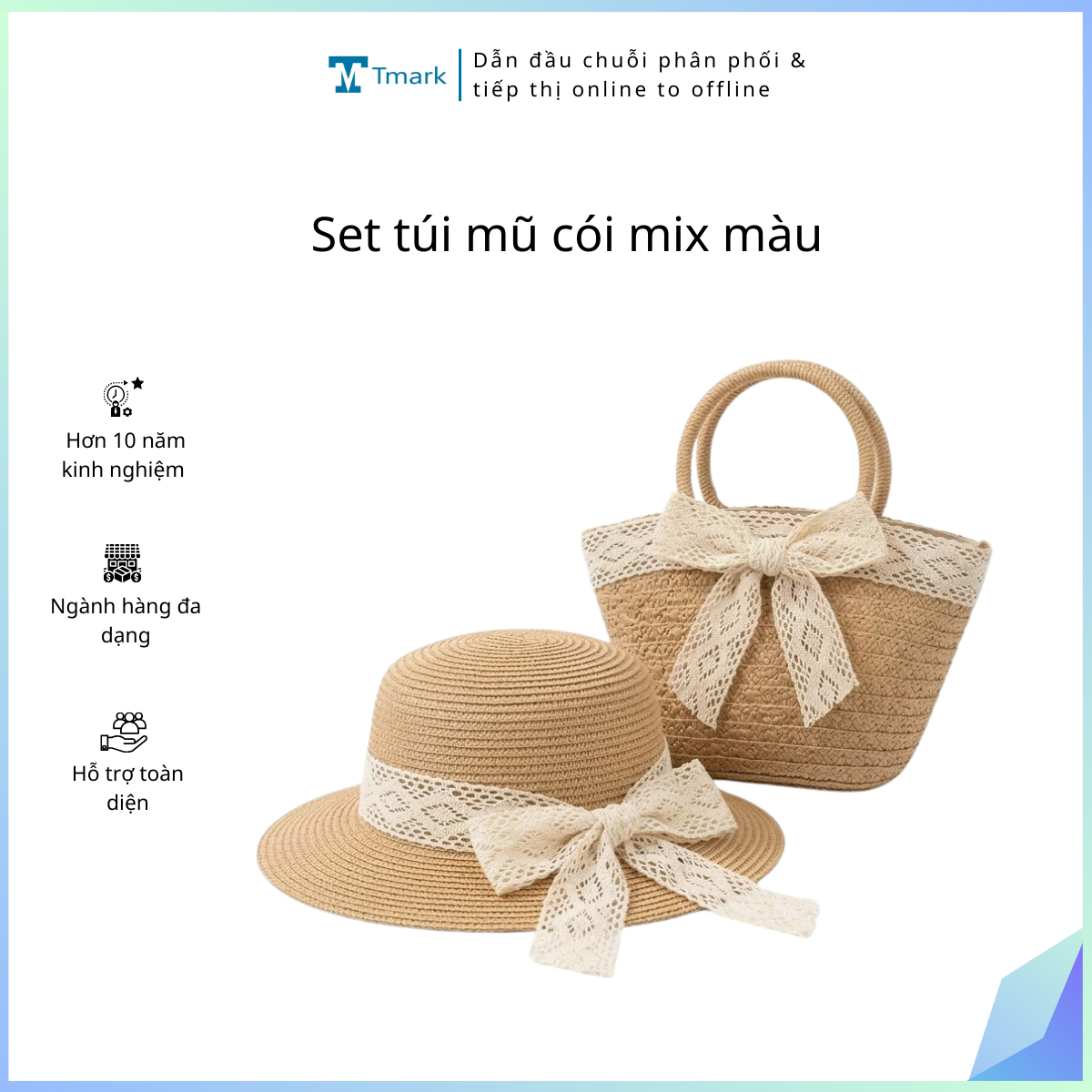Set túi mũ cói mix màu