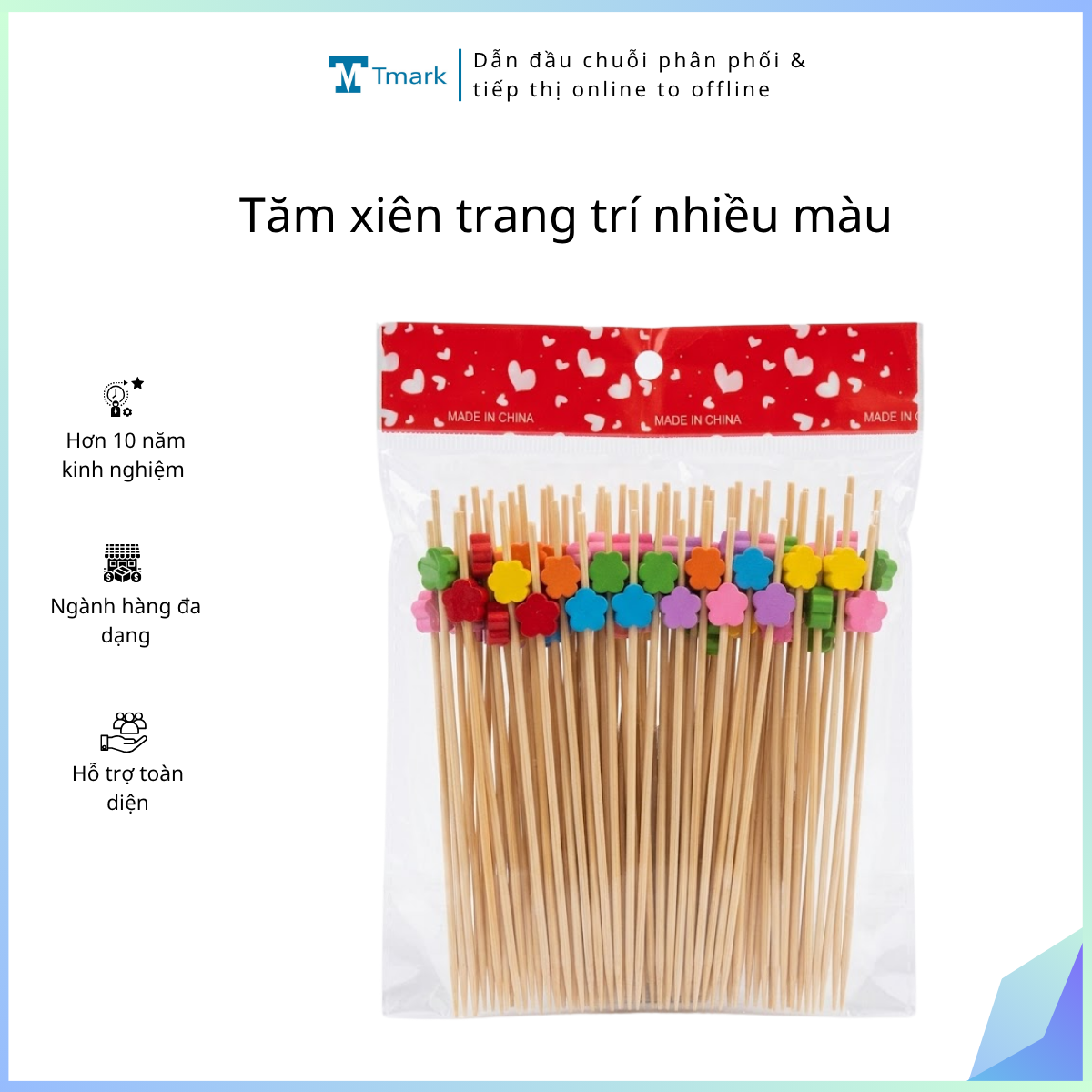 Tăm xiên trang trí nhiều màu (kiện 100 túi)