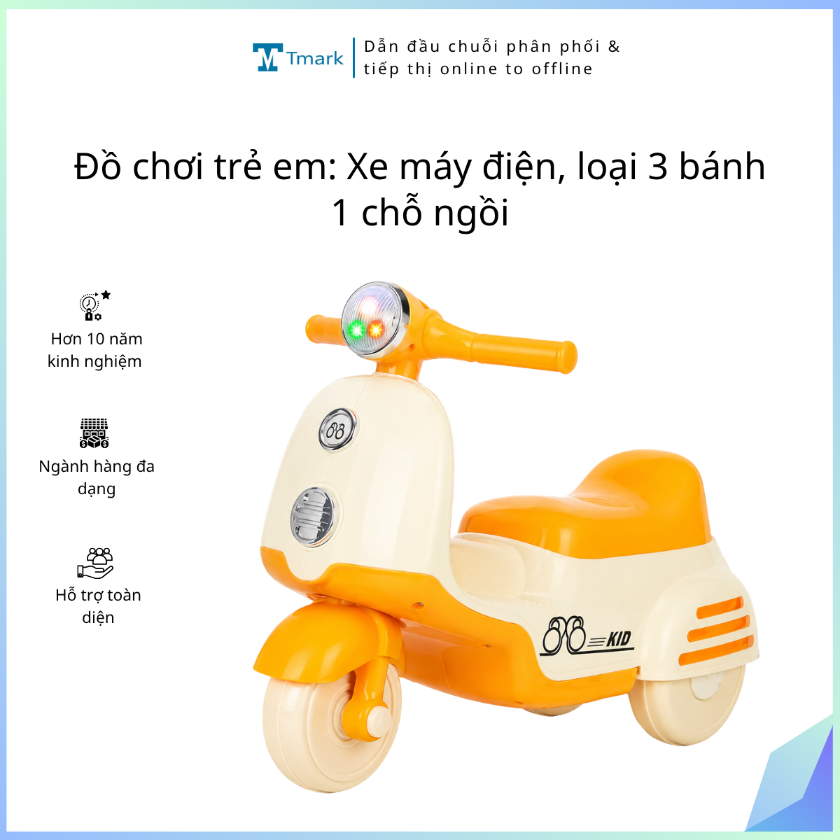 Tên: Đồ chơi trẻ em: Xe máy điện, loại 3 bánh 1 chỗ ngồi, dùng ắc quy 6V/4.5-10A. Model: ZH-618. KT(87*56*48)cm+/-10%. Mới 100%