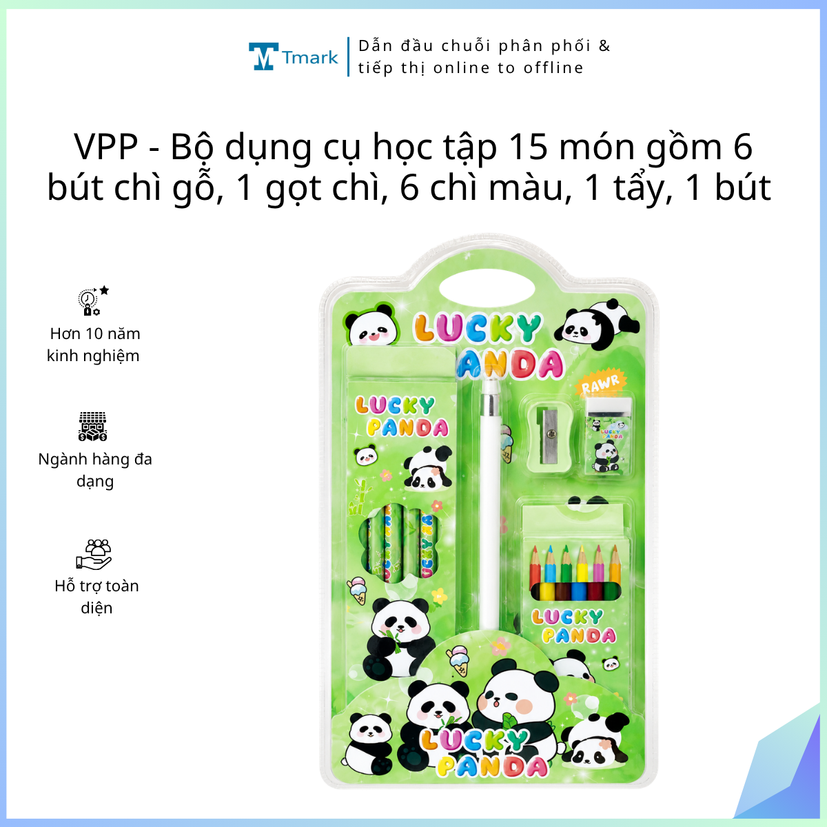 VPP - Bộ dụng cụ học tập 15 món gồm 6 bút chì gỗ, 1 gọt chì, 6 chì màu, 1 tẩy, 1 bút (Kiện 240 bộ)