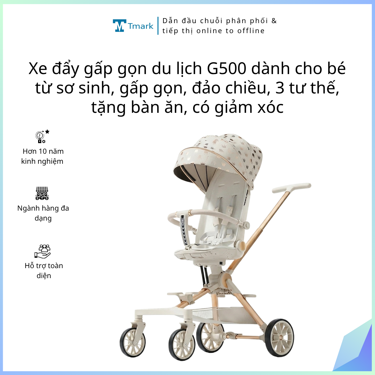 Xe đẩy gấp gọn du lịch G500 dành cho bé từ sơ sinh, gấp gọn, đảo chiều, 3 tư thế, tặng bàn ăn, có giảm xóc